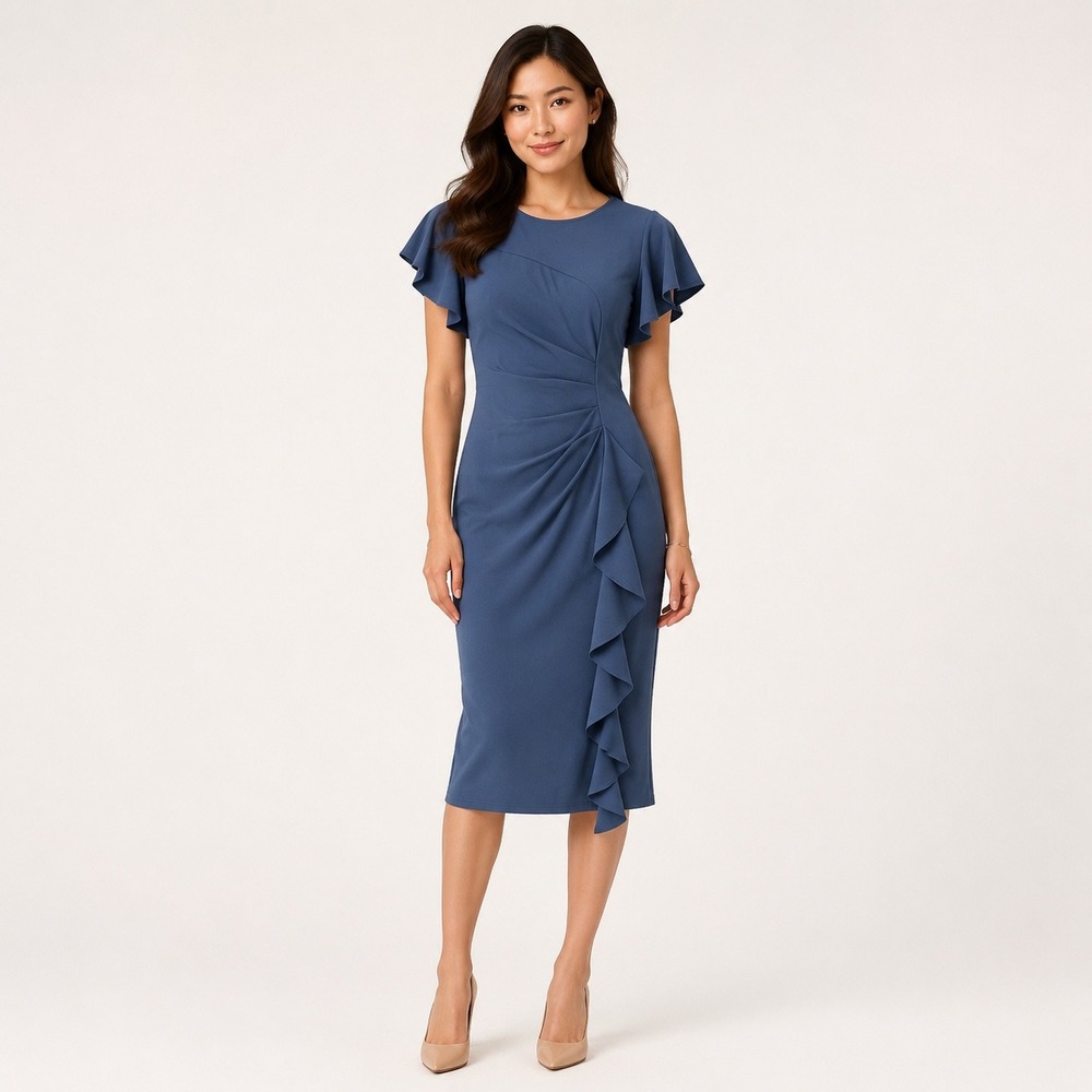 Unbranded Womens Ruffle Ruched Bodycon Midi Dress Size S Dusty Blue Formal
